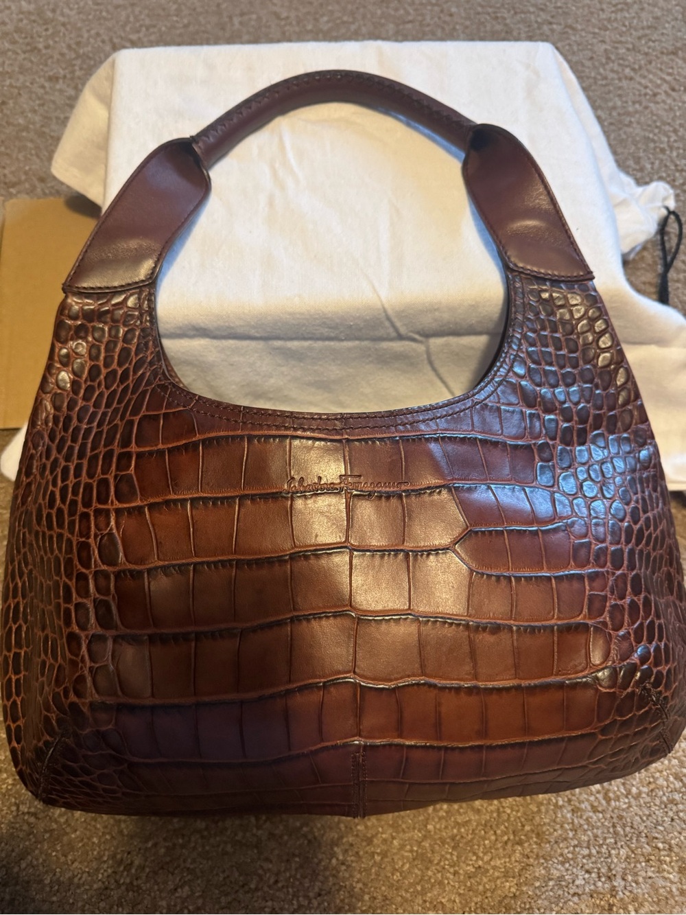 Salvatore Ferragamo Brown Croc-Embossed Leather Hobo Shoulder Bag - Picture 2 of 8